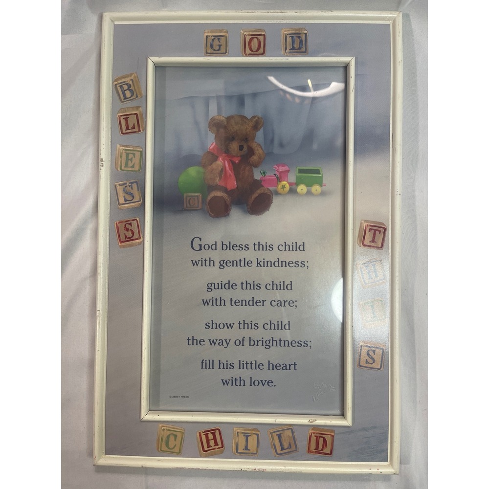 Vintage 1992 Abbey Press God Bless This Child Framed Nursery Wall Art Teddy Bear